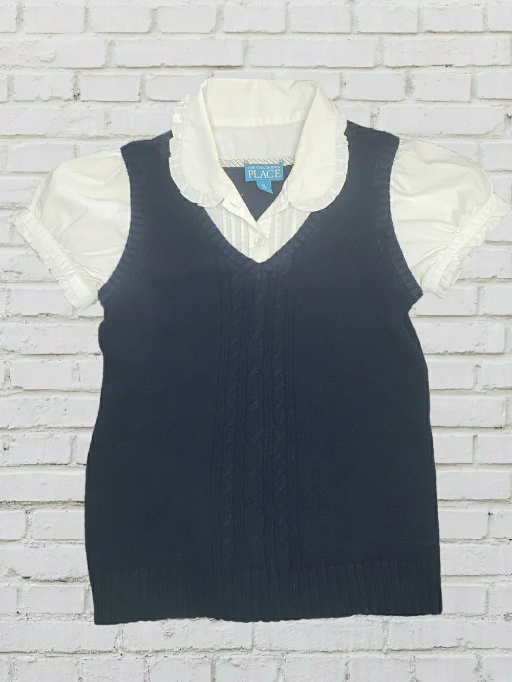 The Children's Place Navy Knit Vest with Cream Ruffled Blouse